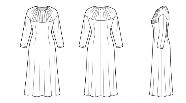 Women's Long Sleeve Pleated Yoke Midi Dress Technical Fashion Flat Sketch Illustration