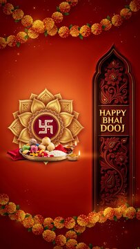 Happy bhai dooj festival greeting with swastika and marigold