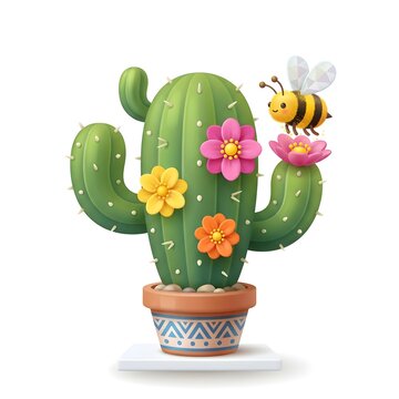 3D Vector Illustration of Cute Bumblebee Hovering Near Flowering Saguaro Cactus in Aztec Terracotta Pot, Isolated on White Background
