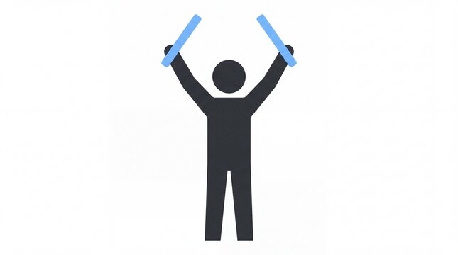 A black silhouette of a person holding two blue batons or lightsabers above their head against a white background.
