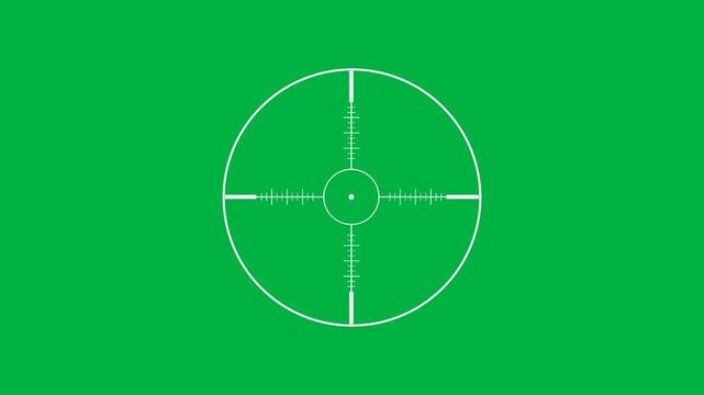 Animated white scope crosshair reticle with scale ladder marks and subtle shake on a green screen background. Aiming, target lock, focus and gaming HUD overlay concept.
