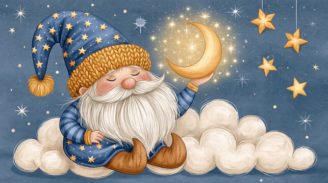 Cute cartoon gnome with a crescent moon sitting on a cloud, starry night