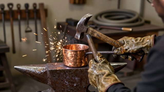 Blacksmith hammers copper pot on anvil with sparks flying in traditional forge setting.