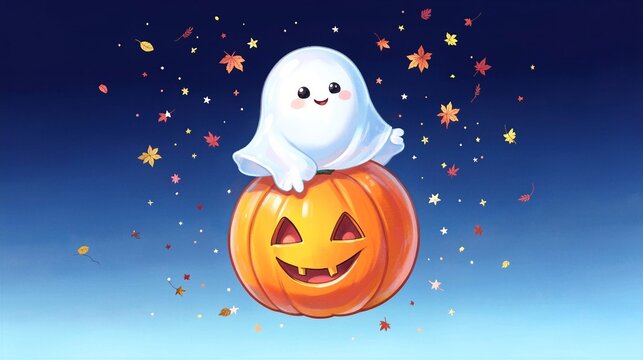 Adorable Halloween illustration of a friendly ghost riding on a floating orange pumpkin surrounded