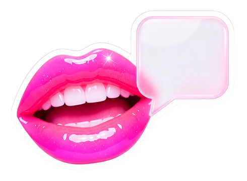 Glossy pink lips with shiny blank 3d speech bubble isolated on transparent background