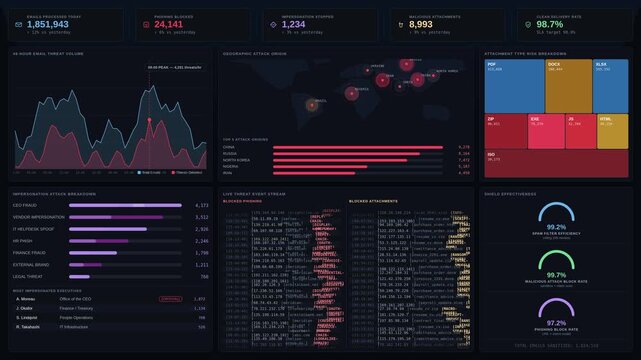 Explore a detailed Email Security Dashboard showcasing phishing, impersonation, and attachment protection metrics in a sleek, modern interface with dynamic visualizations.