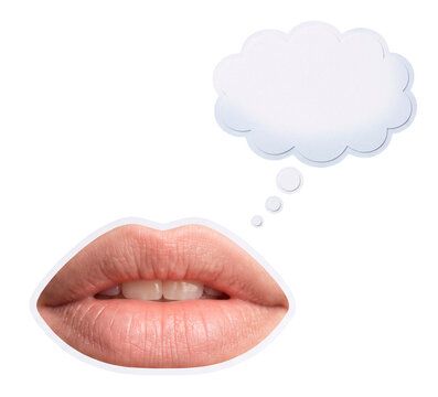 Natural female lips with a blank thought cloud bubble on a transparent background