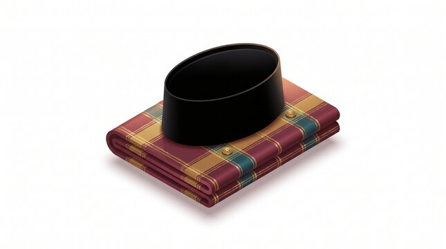 Isometric black velvet peci cap resting on a folded sarong
