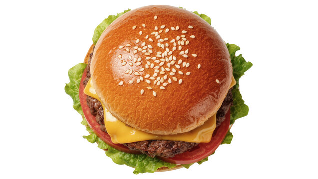 Juicy beef burger with melted cheese lettuce tomato and sesame seed bun, isolated on transparent background