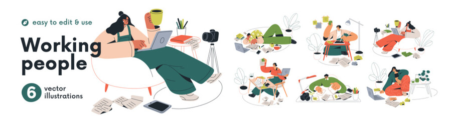 Naklejka na ściany i meble Creative people working set. Designers, script writers, copywriters at work. Characters working on ideas and content, taking notes on laptop. Flat vector illustrations isolated on white background