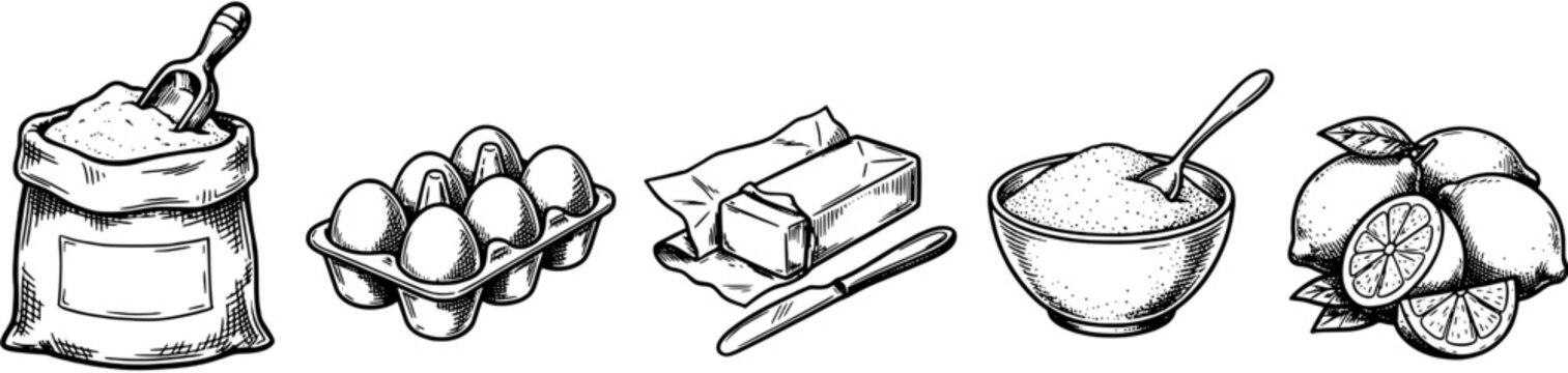 Baking ingredients sketch illustration set with flour sack and eggs