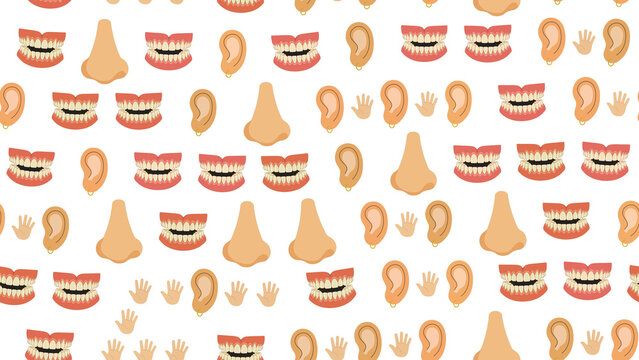 Seamless pattern of human body parts: noses, mouths, ears, hands