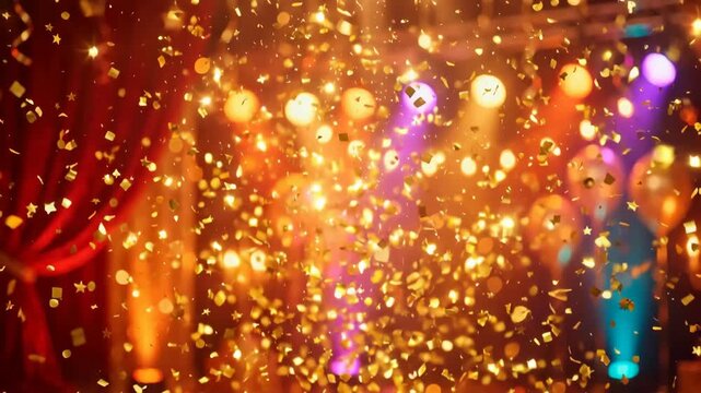 Golden confetti falling over festive stage with balloons and lights
