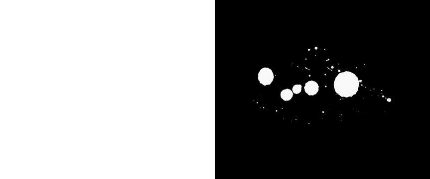 Abstract white paint splatters on black background, artistic ink drops and spray texture, monochrome grunge liquid spots for graphic design