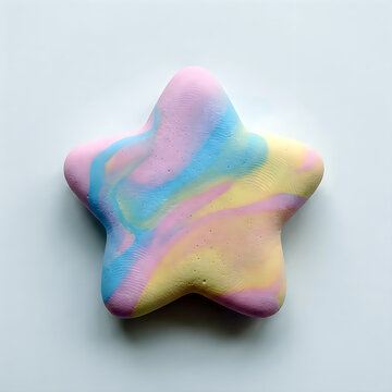 Handmade pastel star polymer clay craft with rainbow marble swirl texture isolated on white background.