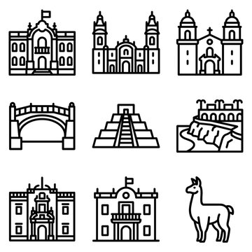 Lima Peru landmarks icon set featuring historic architecture cathedral huaca and llama line vector