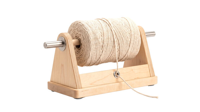Wooden twine dispenser with cotton rope spool isolated on transparent background for craft and packaging