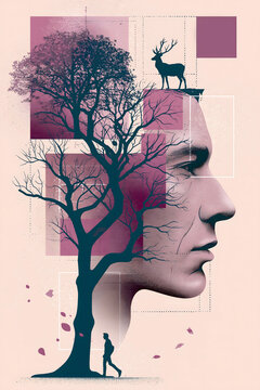 An artistic double exposure portrait of a man's profile merged with a bare tree silhouette, featuring a deer, a walking figure, and geometric mauve accents on a light background