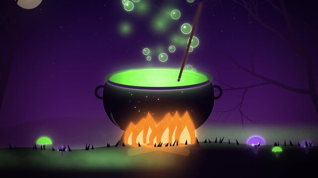 Bubbling cauldron with green potion over fire seamless loop
