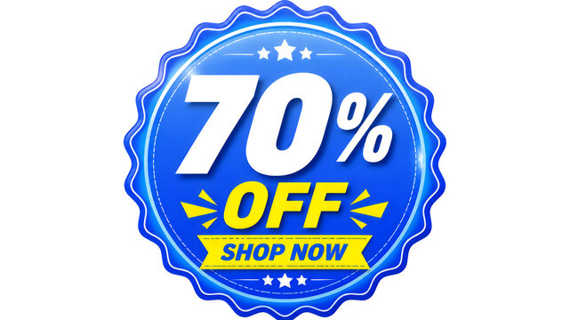 Blue 70 percent off sale badge with shop now text isolated on