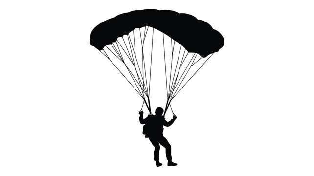 Skydiver with open parachute is depicted as a black silhouette