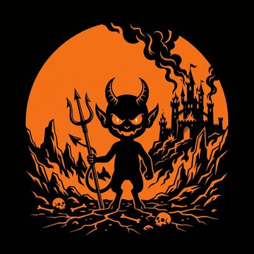 Halloween Devil Imp Vector Illustration with Full Moon