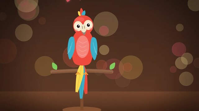 Close up red parrot on perch flapping wings on brown bokeh