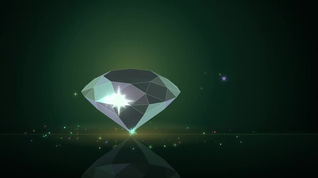 Diamond with mirror reflection and star sparkles on dark green