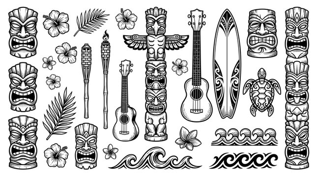 Hawaiian tiki masks and totem pole collection with surfboard ukulele and tropical flowers vector set