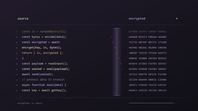 Programming Code Encryption with Scrolling Source Scripts on Dark Purple Background, Seamless 4K Loop