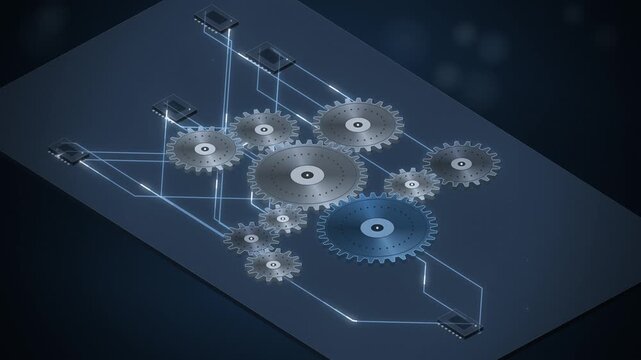 Isometric gears turning on a glowing blue circuit board seamless loop