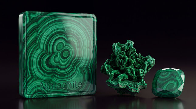 Square polished malachite tile engraved with "Malachite" next to a rough green mineral specimen and a polished faceted gemstone on a dark surface.