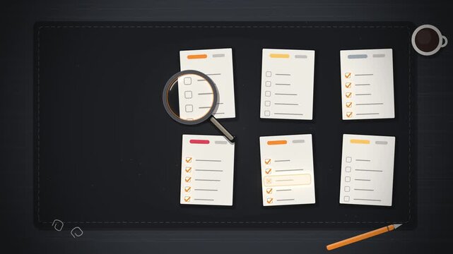 Top view of six documents with a magnifier checking rows on dark gray