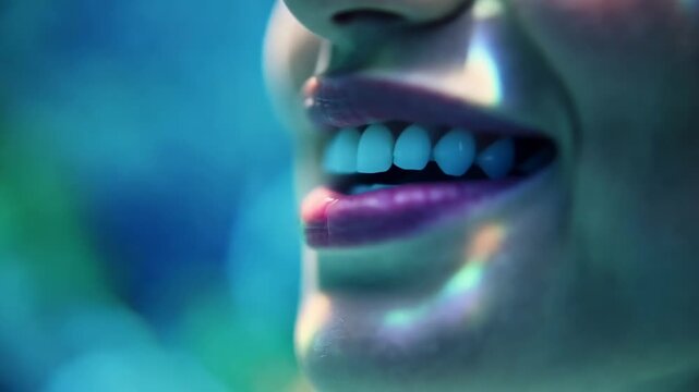 Close up of smiling mouth with glossy lips and visible teeth, colorful reflections shifting as face turns slightly against a softly blurred blue background in cinematic portrait footage