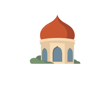 Islamic building with red dome and arched windows