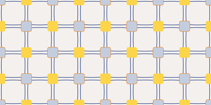 Retro Geometric Seamless Grid Pattern with Colorful Rounded Square Nodes
