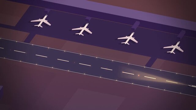 Aerial view plane taking off from lit runway at dusk seamless loop