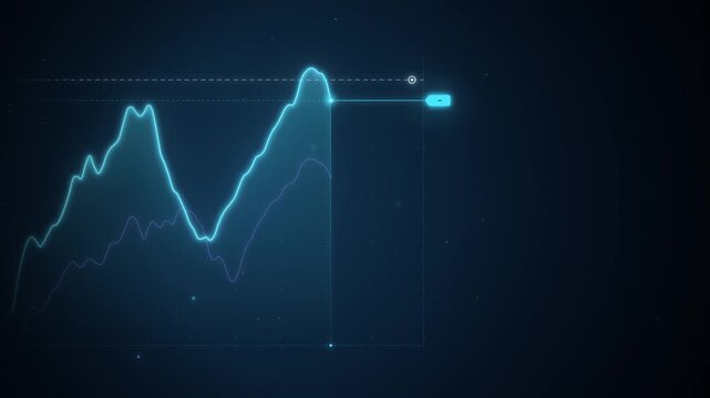 Blue glowing stock uptrend line chart on dark blue seamless loop
