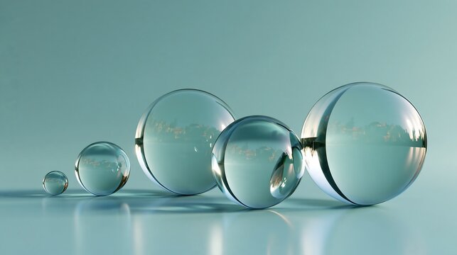 A row of four transparent glass spheres of varying sizes arranged in a line on a smooth light blue surface with soft shadows and reflections