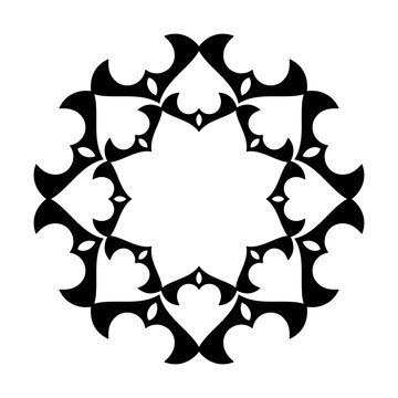 Black and white symmetrical vintage ornament with elegant, curved shapes. Baroque style decorative element with flourishes. Classic damask motif for monograms, frames, or luxury design.