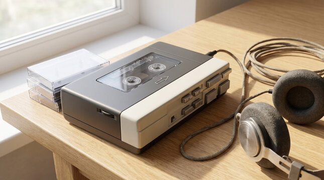 Portable cassette player with over-ear headphones for music listening on wooden table. Retro cassette player features buttons for audio control and playback connected to classic headphones.