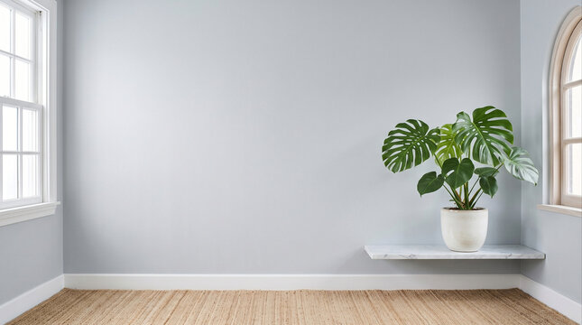 Monstera deliciosa plant in pot on marble shelf against grey wall