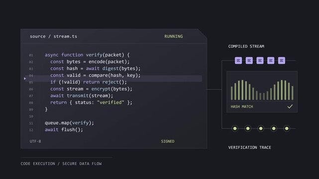 Programming Code Execution with Secure Data Flow and Hash Verification on Dark Terminal, Seamless 4K Loop