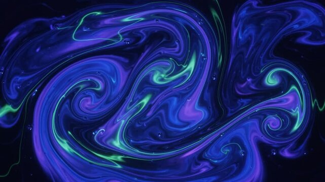 Abstract digital connectivity and data flow background featuring fluid swirling violet liquid dynamic texture with glowing neon green lines
