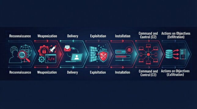 Stages of cybersecurity threats including reconnaissance, weaponization, delivery, and exploitation in network protection.