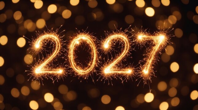 Sparkling 2027 numbers golden sparklers spelling out the year 2027 against a dark background with soft, glowing bokeh lights, creating a festive and celebratory atmosphere.