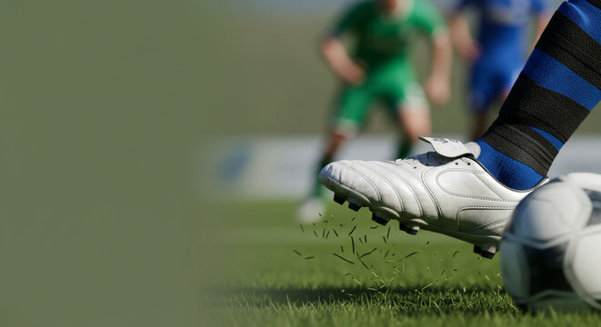 Close-up of a soccer player's foot kicking a ball on a green grass field with blurred background players during a game