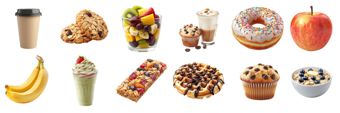 Set of sweet snacks: muffin, apple, banana, coffee, oatmeal, donut, waffle, cookie, protein bar, fruit cup, ice cream, isolated on transparent background PNG
