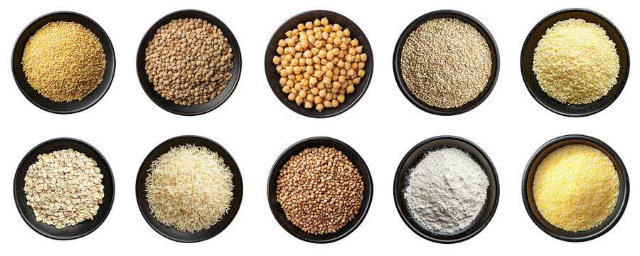 Set of various grains: rice, oatmeal, buckwheat, flour, cornmeal, quinoa, lentils, chickpeas, bulgur, couscous, isolated on transparent background PNG