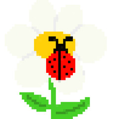 Cute pixel art ladybug sitting on white daisy flower, 8-bit floral insect element © วิจิตร ตาทิพย์